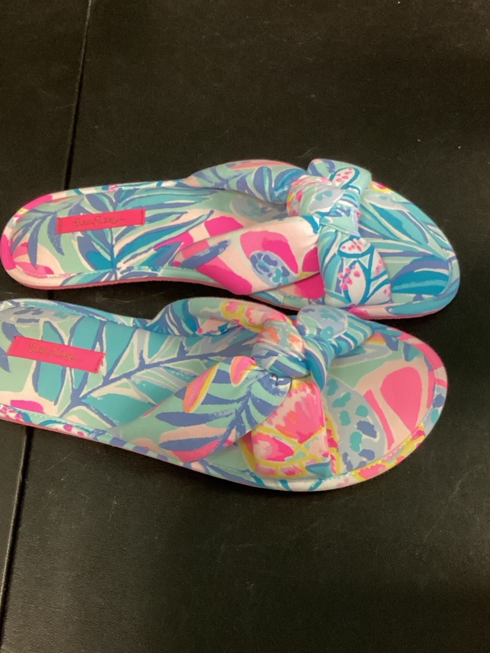 Lilly Pulitzer Tropical Blue and Pink Knot-Top Slide Sandals